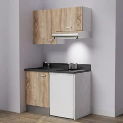 Kitchenette K01 - 120 cm - façades Bois - Plan monobloc en quartz coloris Nero évier à gauche