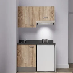 Kitchenette K01 - 120 cm - façades Bois - Plan monobloc en quartz coloris Nero évier à gauche