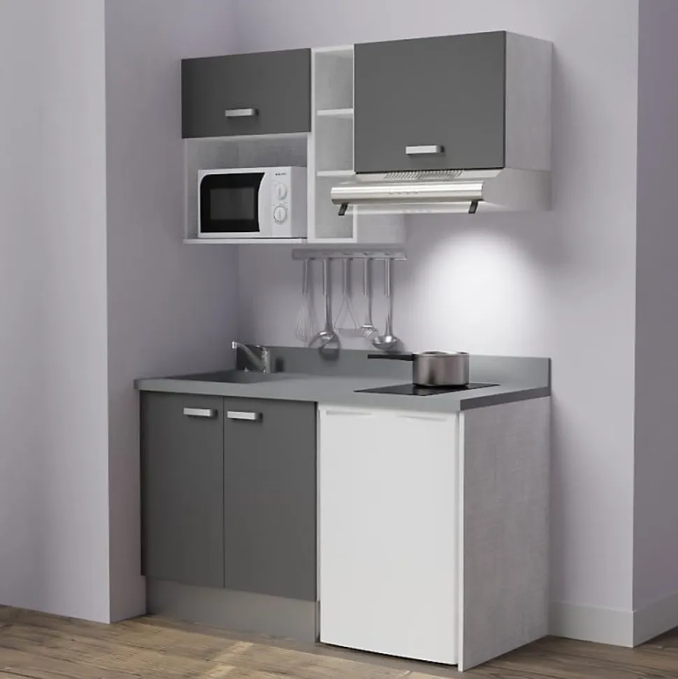 Kitchenette K13 - 140 cm - façades Gris - Plan monobloc en quartz coloris Cromo évier à gauche