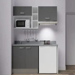 Kitchenette K13 - 140 cm - façades Gris - Plan monobloc en quartz coloris Cromo évier à gauche