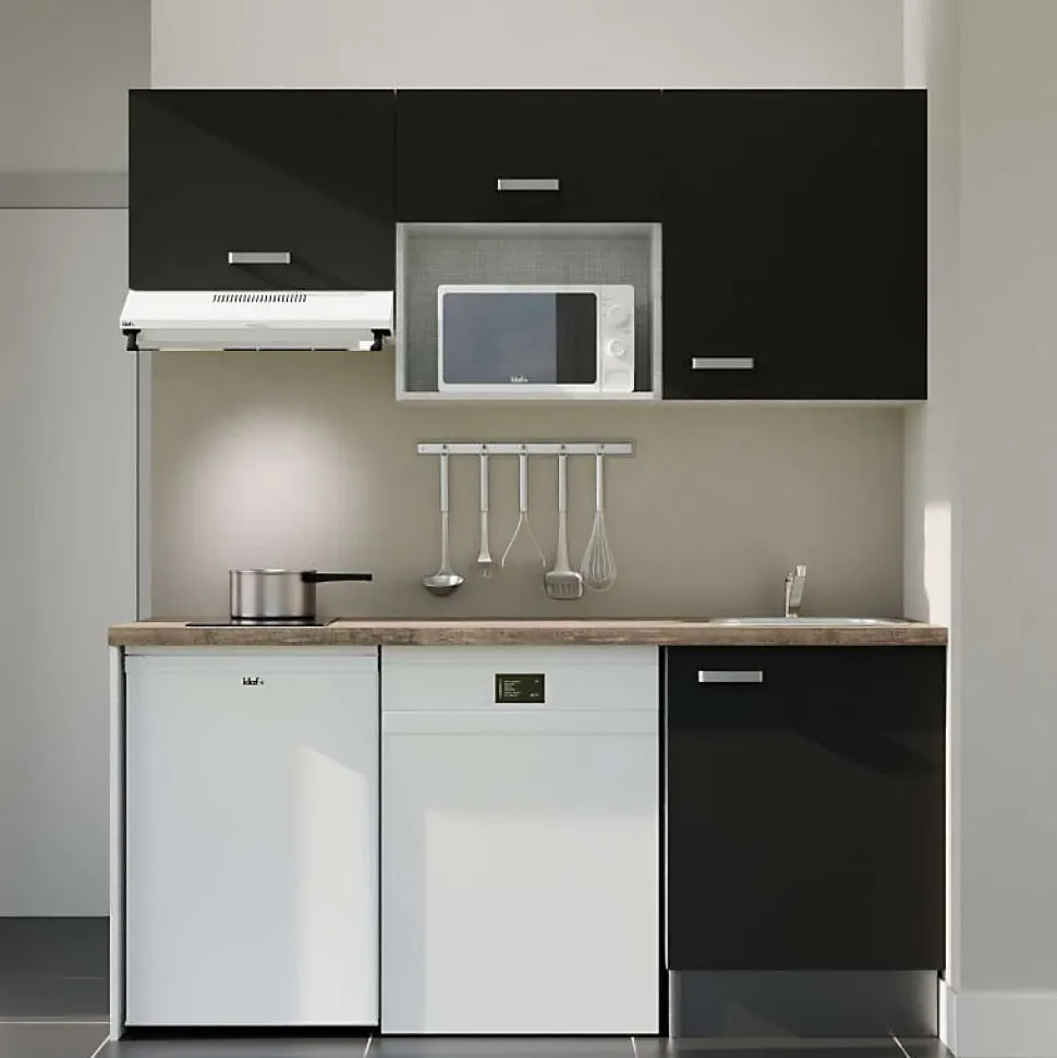 Kitchenette K55 - 180 cm - Façades : Noir - Plan de travail : Bois - Crédences : Non - Evier