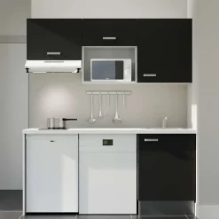 Kitchenette K55 - 180 cm - Façades : Noir - Plan de travail : Blanc - Crédences : Non - Evier