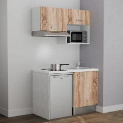Kitchenette K02 - 120 cm - Façades : Bois - Plan de travail : Blanc - Crédences : Non - Evier Inox
