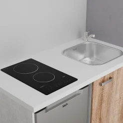 Kitchenette K02 - 120 cm - Façades : Bois - Plan de travail : Blanc - Crédences : Non - Evier Inox