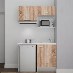 Kitchenette K02 - 120 cm - Façades : Bois - Plan de travail : Blanc - Crédences : Non - Evier Inox