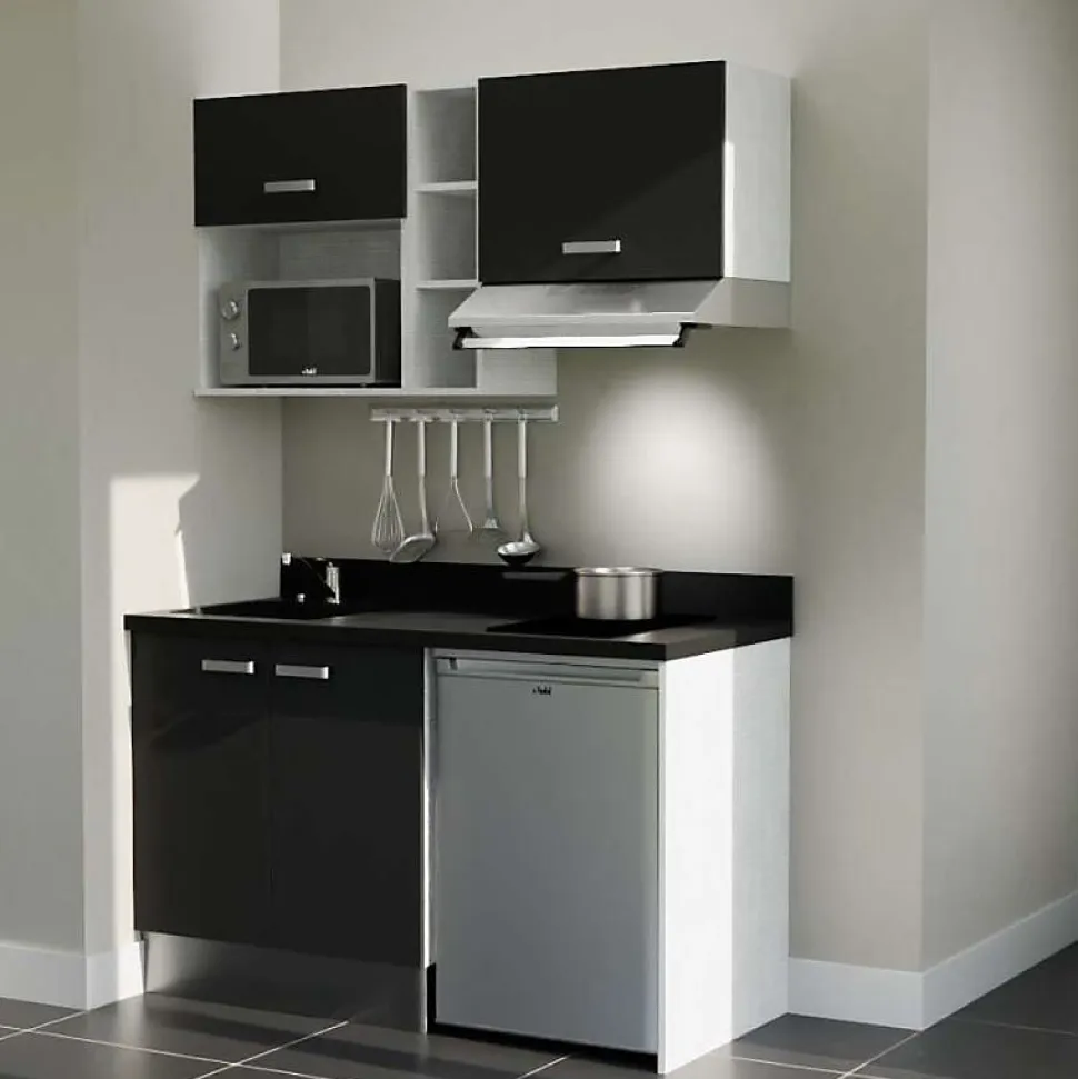 Kitchenette K13 - 140 cm - façades Noir - Plan monobloc en quartz coloris Nero évier à gauche - Electroménager Inox