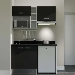 Kitchenette K13 - 140 cm - façades Noir - Plan monobloc en quartz coloris Nero évier à gauche - Electroménager Inox