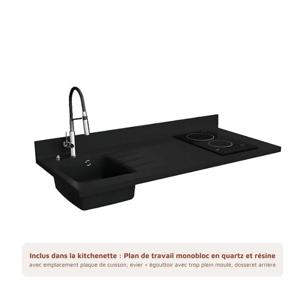 Kitchenette K13 - 140 cm - façades Noir - Plan monobloc en quartz coloris Nero évier à gauche - Electroménager Inox