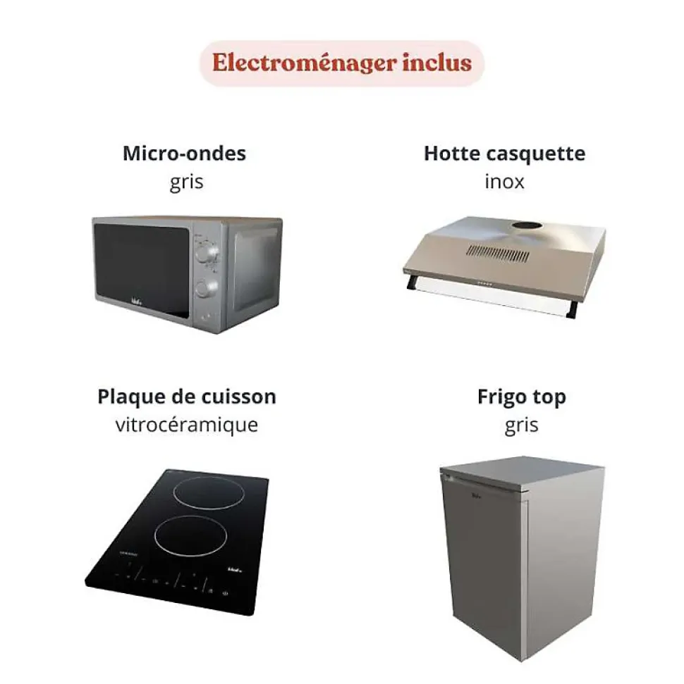Kitchenette K13 - 140 cm - façades Noir - Plan monobloc en quartz coloris Nero évier à gauche - Electroménager Inox