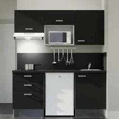 Kitchenette K20 - 180 cm - Façades : Noir - Plan de travail : Noir - Crédences : Oui - Evier