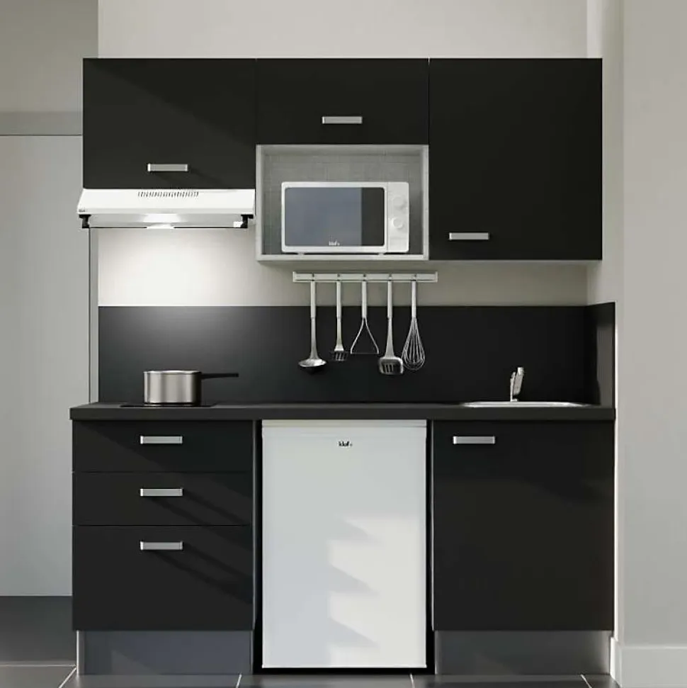 Kitchenette K20 - 180 cm - Façades : Noir - Plan de travail : Noir - Crédences : Oui - Evier