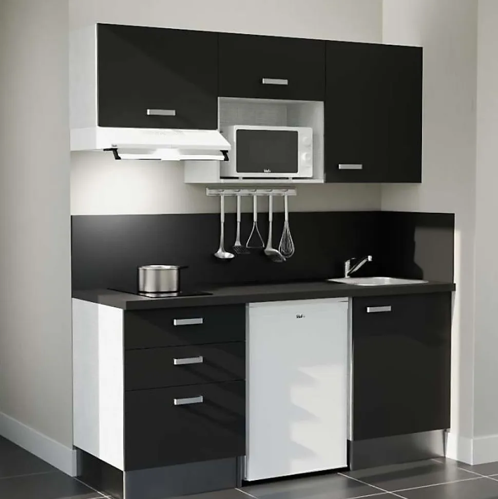 Kitchenette K20 - 180 cm - Façades : Noir - Plan de travail : Noir - Crédences : Oui - Evier