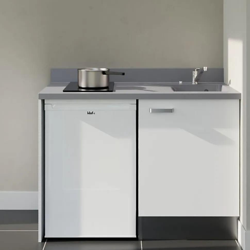 Kitchenette K08 - 120 cm - façades Blanc - Plan monobloc en quartz coloris Cromo évier à droite - Electroménager Blanc