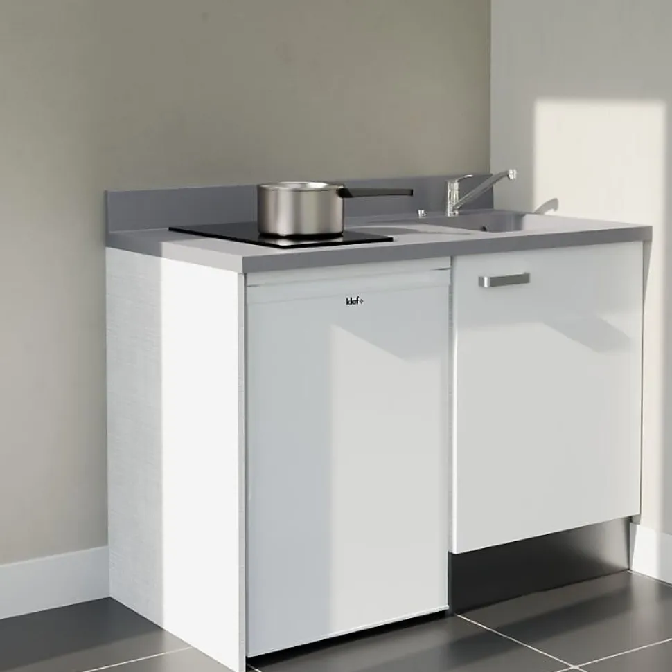 Kitchenette K08 - 120 cm - façades Blanc - Plan monobloc en quartz coloris Cromo évier à droite - Electroménager Blanc
