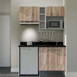 Kitchenette K13 - 140 cm - façades Bois - Plan monobloc en quartz coloris Nero évier à droite - Electroménager Inox