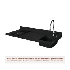 Kitchenette K13 - 140 cm - façades Bois - Plan monobloc en quartz coloris Nero évier à droite - Electroménager Inox