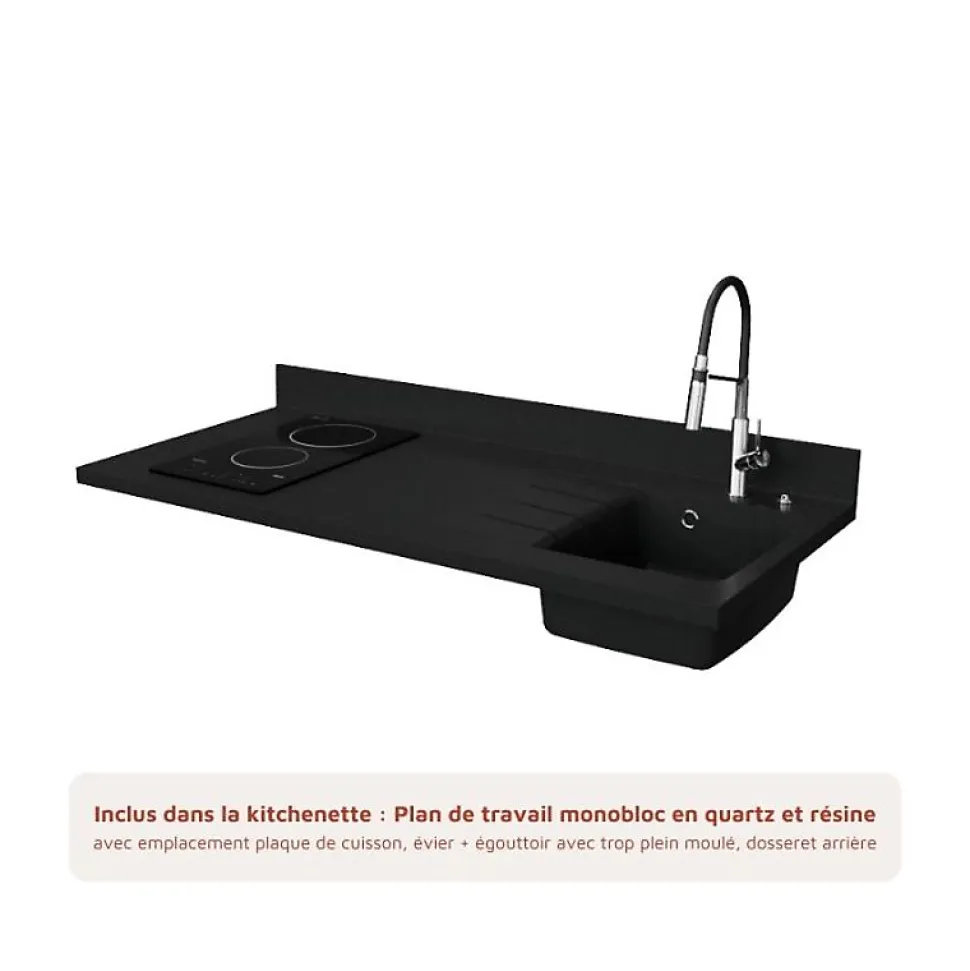 Kitchenette K13 - 140 cm - façades Bois - Plan monobloc en quartz coloris Nero évier à droite - Electroménager Inox