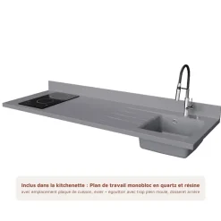 Kitchenette K20 - 180 cm - façades Noir - Plan monobloc en quartz coloris Cromo évier à droite - Electroménager Inox