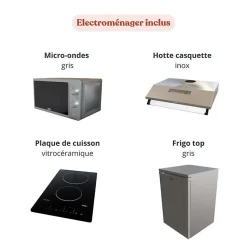 Kitchenette K20 - 180 cm - façades Noir - Plan monobloc en quartz coloris Cromo évier à droite - Electroménager Inox