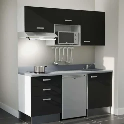 Kitchenette K20 - 180 cm - façades Noir - Plan monobloc en quartz coloris Cromo évier à droite - Electroménager Inox