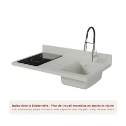 Kitchenette K00 - 100 cm - façades Gris - Plan monobloc en quartz coloris Snova évier à droite - Electroménager Blanc