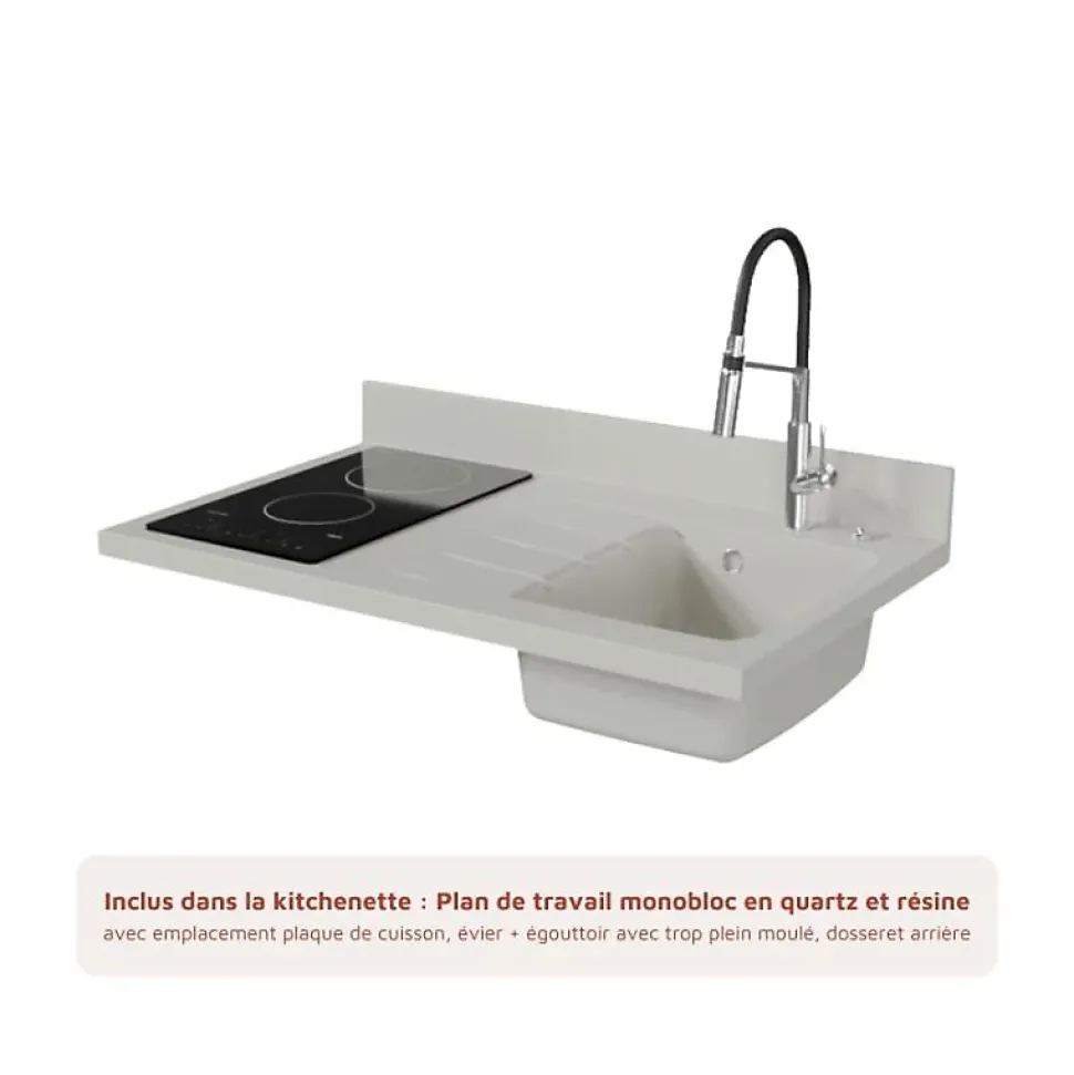 Kitchenette K00 - 100 cm - façades Gris - Plan monobloc en quartz coloris Snova évier à droite - Electroménager Blanc