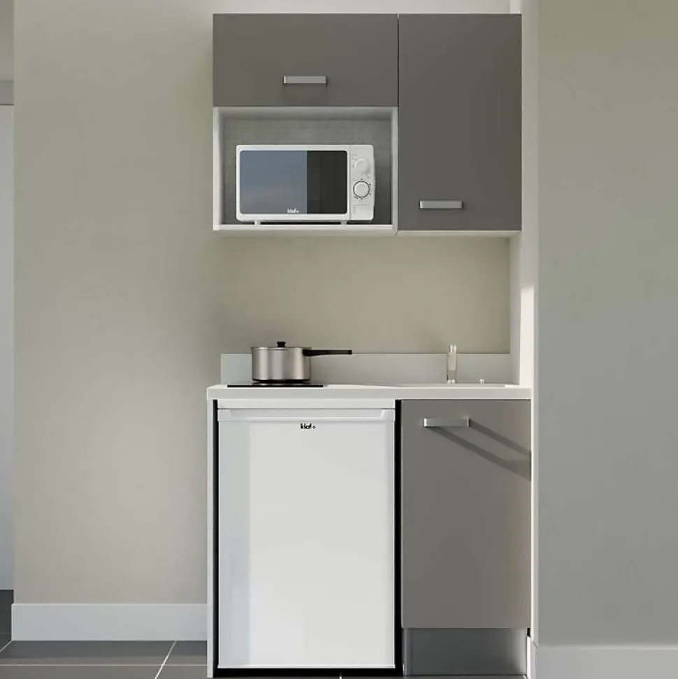 Kitchenette K00 - 100 cm - façades Gris - Plan monobloc en quartz coloris Snova évier à droite - Electroménager Blanc