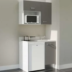 Kitchenette K00 - 100 cm - façades Gris - Plan monobloc en quartz coloris Snova évier à droite - Electroménager Blanc