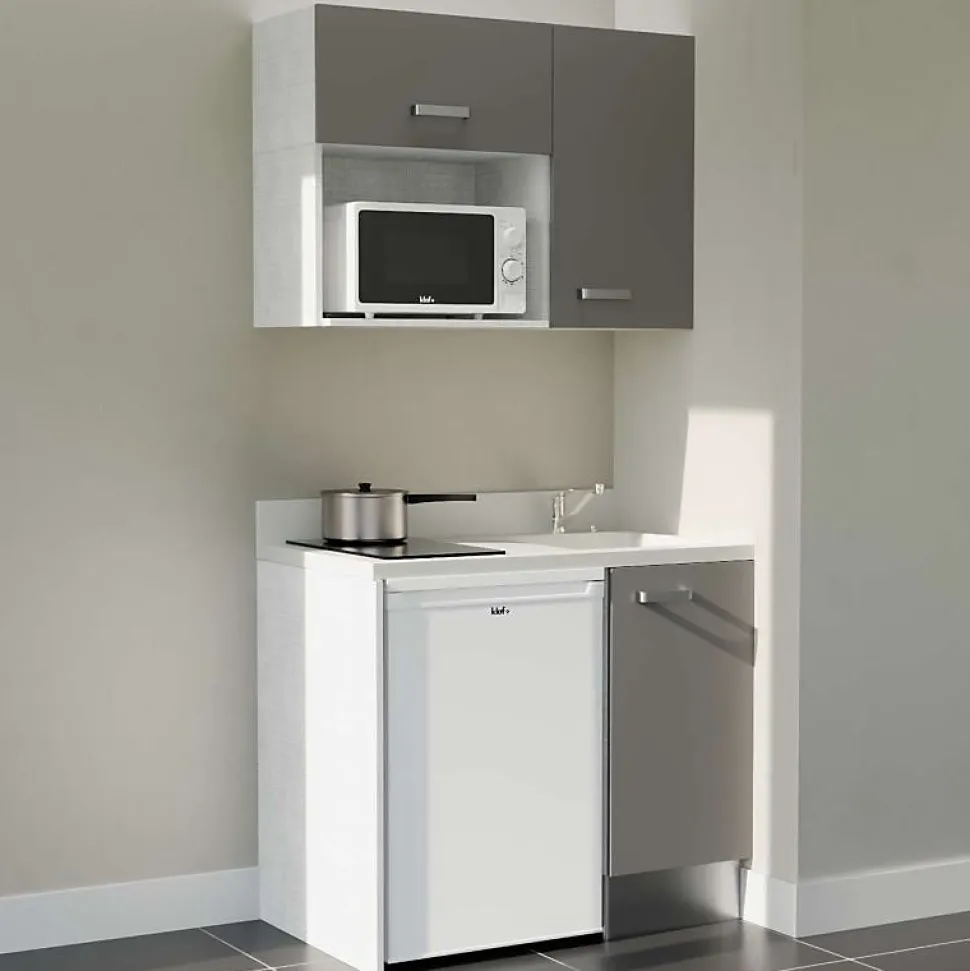 Kitchenette K00 - 100 cm - façades Gris - Plan monobloc en quartz coloris Snova évier à droite - Electroménager Blanc