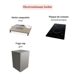 Kitchenette K01 - 120 cm - façades Bois - Plan monobloc en quartz coloris Snova évier à droite - Electroménager Inox
