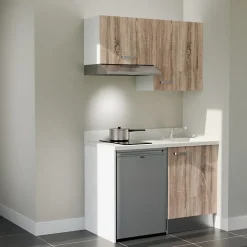 Kitchenette K01 - 120 cm - façades Bois - Plan monobloc en quartz coloris Snova évier à droite - Electroménager Inox