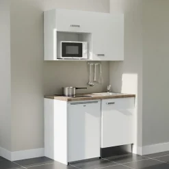 Kitchenette K07 - 120 cm - Façades : Blanc - Plan de travail : Bois - Crédences : Non - Evier Inox