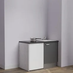 Kitchenette K08 - 120 cm - Façades : Gris - Plan de travail : Noir texturé - Crédences : Non - Evier Blanc