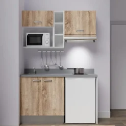Kitchenette K13 - 140 cm - façades Bois - Plan monobloc en quartz coloris Cromo évier à gauche