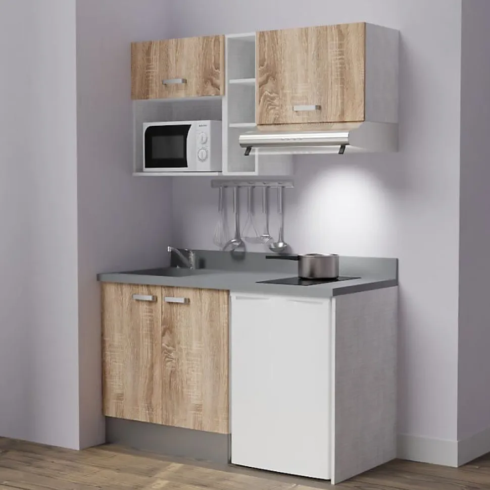 Kitchenette K13 - 140 cm - façades Bois - Plan monobloc en quartz coloris Cromo évier à gauche
