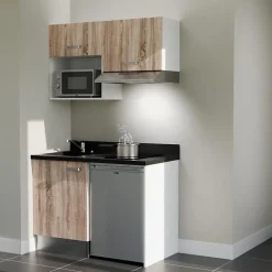 Kitchenette K02 - 120 cm - façades Bois - Plan monobloc en quartz coloris Nero évier à gauche - Electroménager Inox