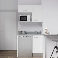 Kitchenette K00 - 100 cm - façades Blanc - Plan monobloc en quartz coloris Cromo évier à droite