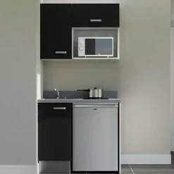 Kitchenette K00 - 100 cm - façades Noir - Plan monobloc en quartz coloris Cromo évier à gauche - Electroménager Inox