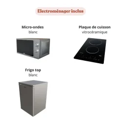 Kitchenette K00 - 100 cm - façades Noir - Plan monobloc en quartz coloris Cromo évier à gauche - Electroménager Inox