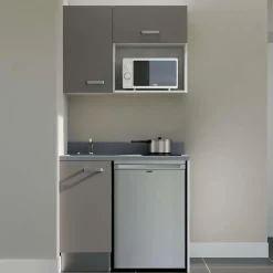Kitchenette K00 - 100 cm - façades Gris - Plan monobloc en quartz coloris Cromo évier à gauche - Electroménager Inox