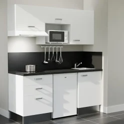 Kitchenette K20 - 180 cm - Façades : Blanc - Plan de travail : Noir - Crédences : Oui - Evier