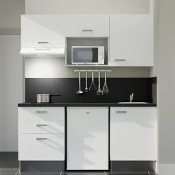 Kitchenette K20 - 180 cm - Façades : Blanc - Plan de travail : Noir - Crédences : Oui - Evier