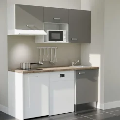Kitchenette K55 - 180 cm - Façades : Gris - Plan de travail : Bois - Crédences : Non - Evier