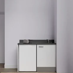 Kitchenette K08 - 120 cm - façades Blanc - Plan monobloc en quartz coloris Nero évier à droite