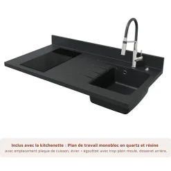 Kitchenette K08 - 120 cm - façades Blanc - Plan monobloc en quartz coloris Nero évier à droite