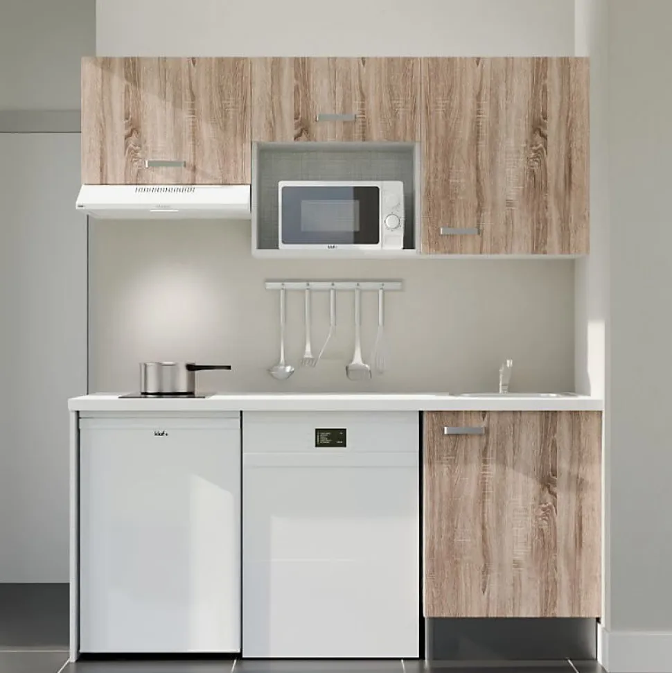 Kitchenette K55 - 180 cm - Façades : Bois - Plan de travail : Blanc - Crédences : Non - Evier