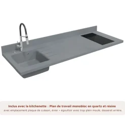 Kitchenette K55 - 180 cm - façades Bois - Plan monobloc en quartz coloris Cromo évier à gauche