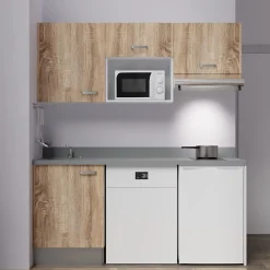 Kitchenette K55 - 180 cm - façades Bois - Plan monobloc en quartz coloris Cromo évier à gauche