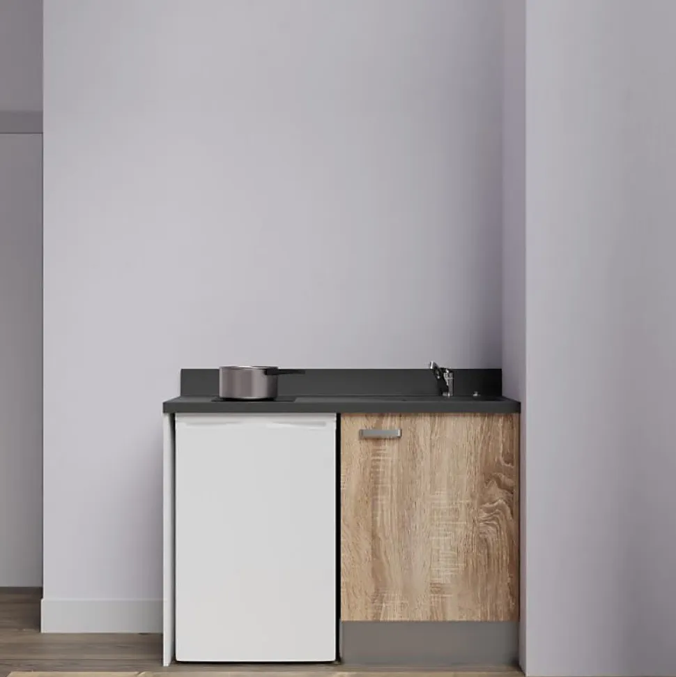 Kitchenette K08 - 120 cm - façades Bois - Plan monobloc en quartz coloris Nero évier à droite
