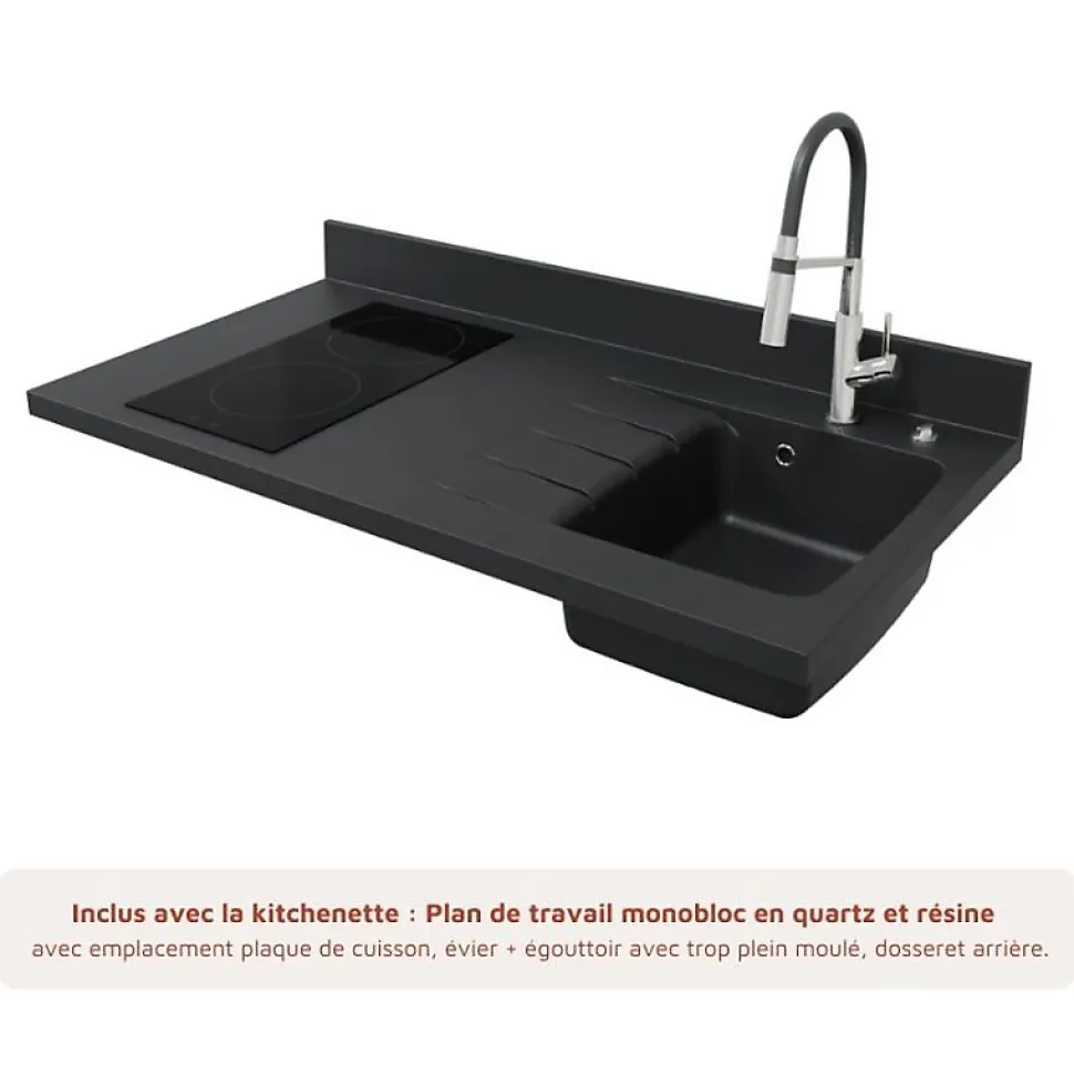 Kitchenette K08 - 120 cm - façades Bois - Plan monobloc en quartz coloris Nero évier à droite